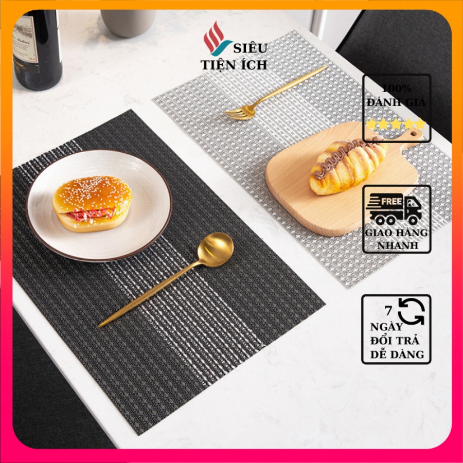 Tấm lót bàn ăn cách nhiệt chống trượt 3 mảnh đính cườm dệt dày, thảm trải bàn lót đĩa ăn PVC phong cách Nhật - L07