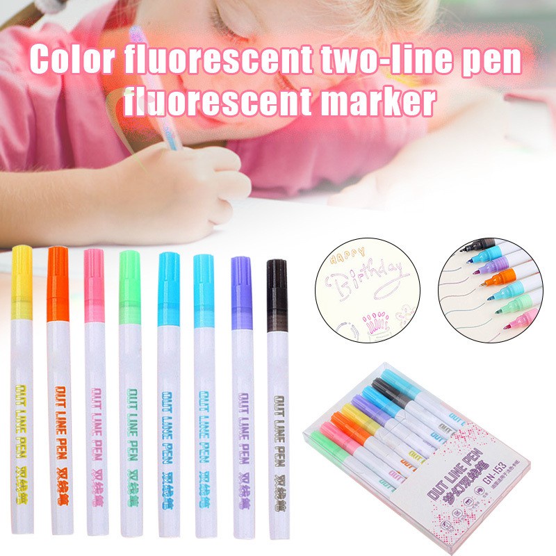 LE 8pcs Fluorescent Pens Double Line Contour Color Marker Pen for Writing Drawing Painting @VN