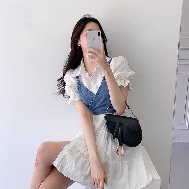 Set váy trắng xòe kèm yếm bò jean thắt nơ sau