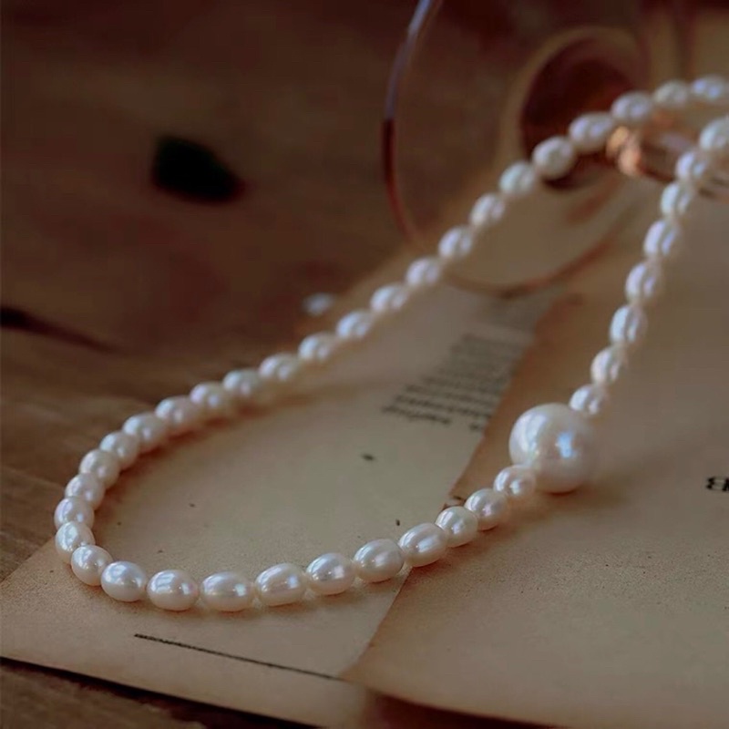 Vòng cổ hạt trai nhân tạo gạo size 6ly khóa bạc