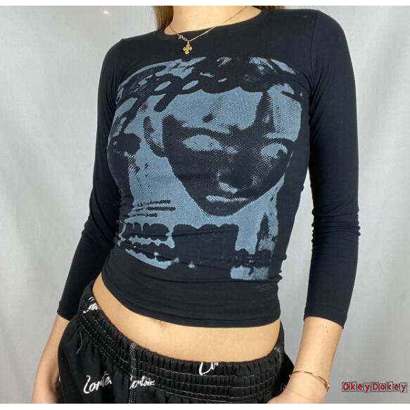 Áo thun tay dài cổ tròn in hình mặt người cá tính