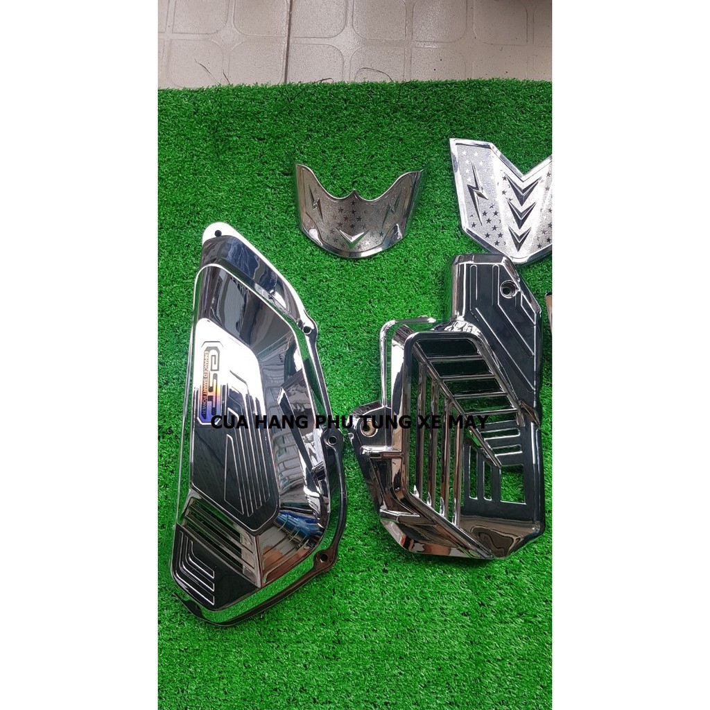 Trọn bộ 5 món Ốp pô + Bầu e + Quạt gió + Mũi dè trước sau xe SH MODE 2020 mạ crom