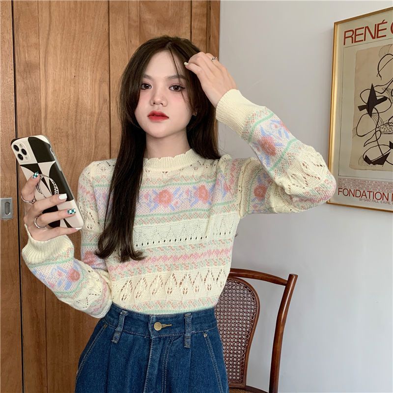 Áo Sweater Tay Dài Cổ Tròn Thiết Kế Đục Lỗ Thời Trang Mùa Thu Hàn Quốc Mới 2021