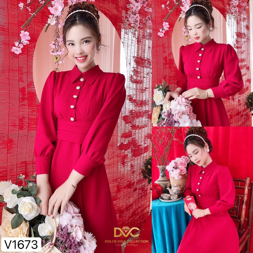 Váy đỏ xếp li eo V1673 - Đẹp Shop DVC (Kèm ảnh thật trải sàn do shop tự chụp)