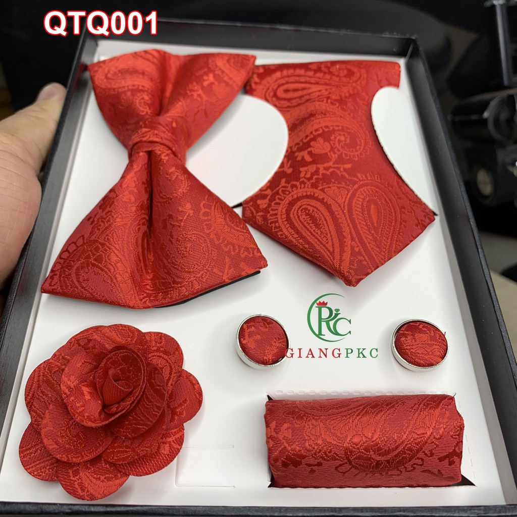 Set cà vạt họa tiết + măng séc + khăn cài áo sang trọng + nơ  họa tiết gấm trắng Giangpkc qtp001