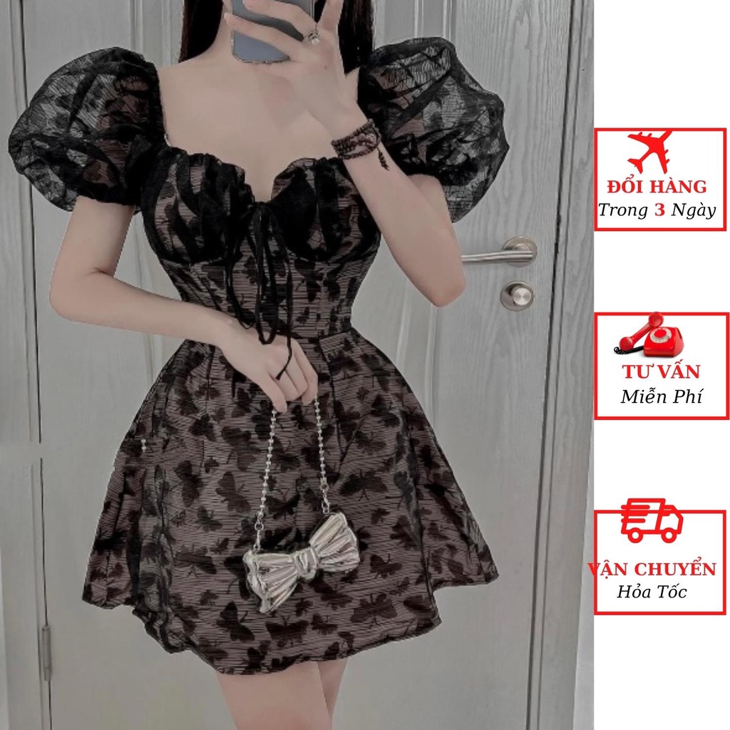 Váy hoa nhí nữ cúp ngực tay bồng thắt nơ dáng ngắn ôm body xòe tiểu thư bánh bèo đi tiệc cưới ulzzang Hàn Quốc