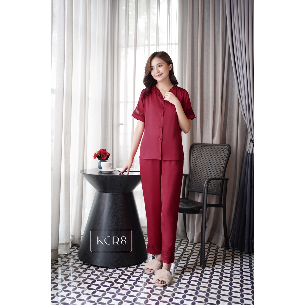 Bộ ngủ satin ZAM Luxury - Ngắn tay không cổ quần dài màu trơn