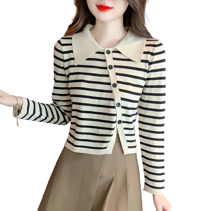 Áo Cardigan Dệt Kim Cổ Polo Họa Tiết Kẻ Sọc Thiết Kế Xẻ Tà Thời Trang Mới Cho Nữ  tao bao