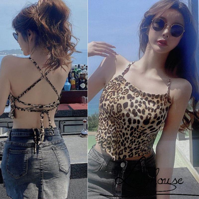 LD-Women’s Casual Tie-up Backless Camisole Fashion Leopard Printed Exposed Navel Suspender Tops