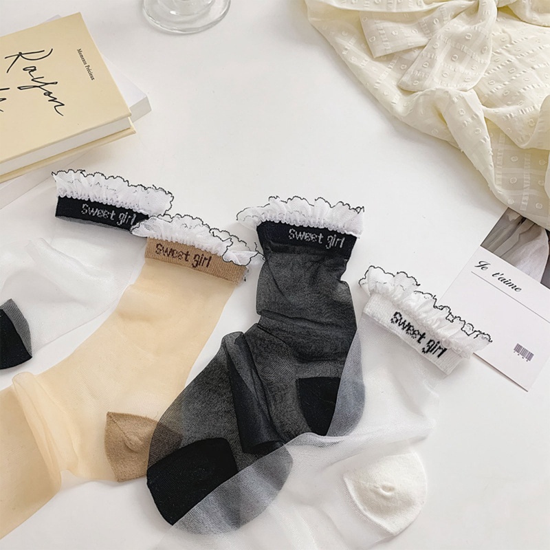 Xiangbao Vớ Lưới Xuyên Thấu Siêu Mỏng Phối Ren In Chữ Phong Cách Lolita Nhật Bản Ngọt Ngào Cho Nữ