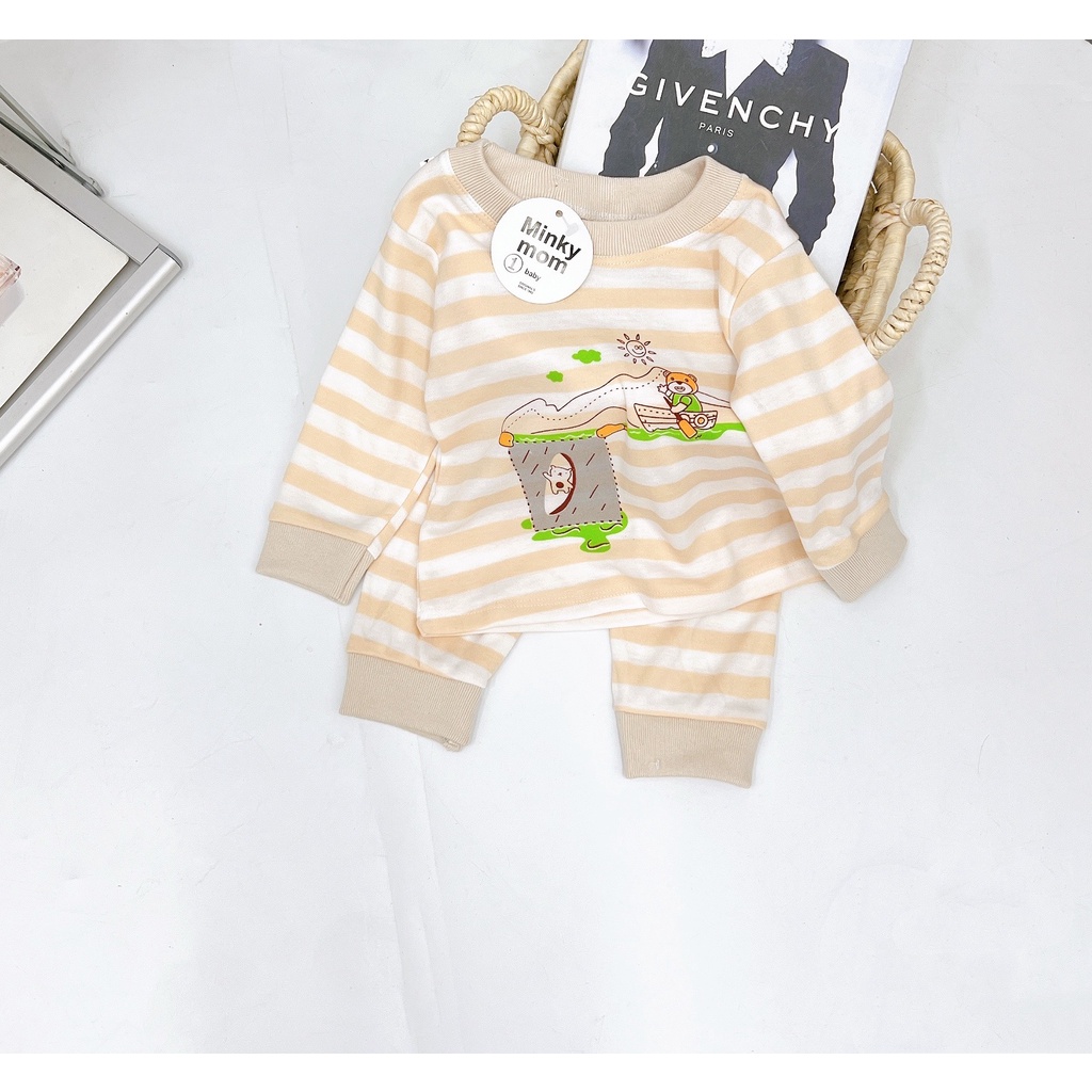 Bộ quần áo thu đông bé trai, bé gái, bộ nỉ cotton kẻ họa tiết dễ thương cho bé