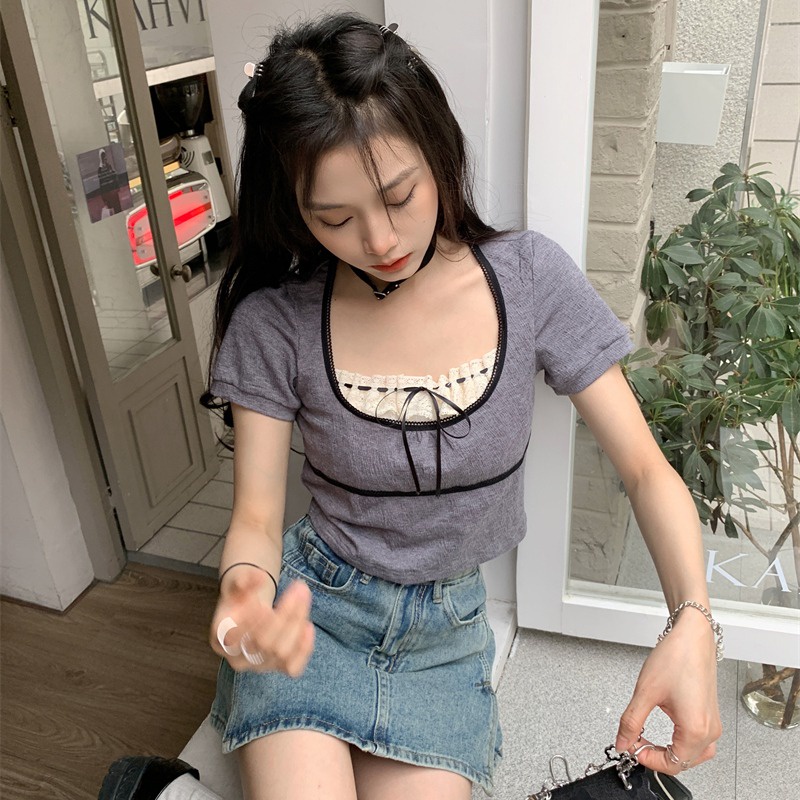 Áo ZHELIHANGFEI ngắn tay cổ Vuông phối ren xinh xắn thời trang