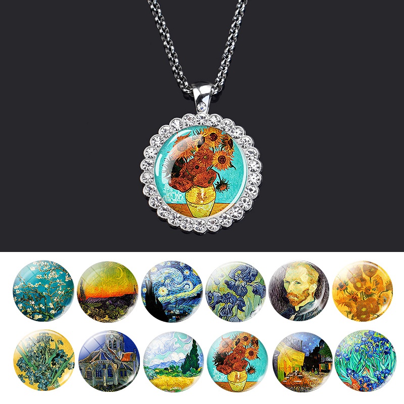 Vòng cổ Mặt Kính Tròn Họa Tiết Tranh Sơn Dầu Đính Đá Phong Cách Van Gogh