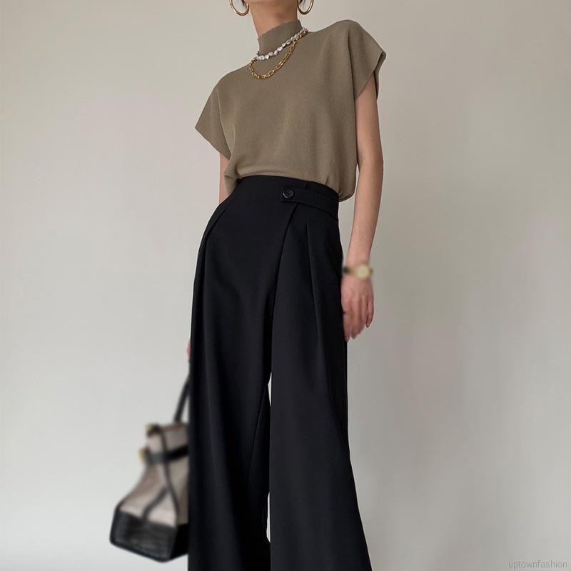 Áo dệt kim tay ngắn dáng rộng màu trơn phong cách cổ điển thời trang cho nữ