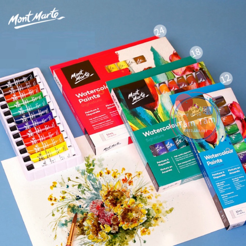 [TÂM TÂM] Màu nước Mont Marte Bộ 12/18/24 màu tuýp 12ml-Mont Marte Watercolour Paint