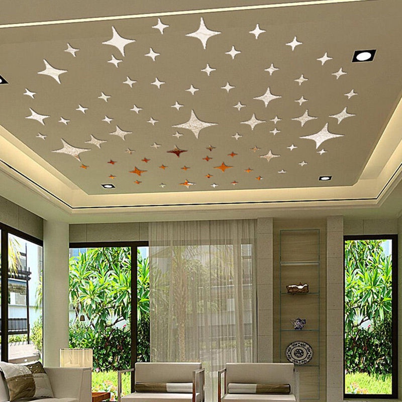 Set 50 Miếng Dán Tường Tráng Gương Hình Ngôi Sao 3D 5*5CM Chất Liệu Acrylic Tráng Gương Dùng Để Trang Trí Nhà