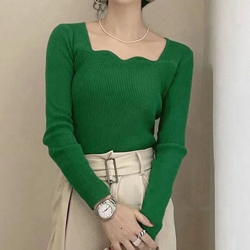 Áo Len Tay Dài Cổ Vuông Màu Trơn Thời Trang Mùa Thu