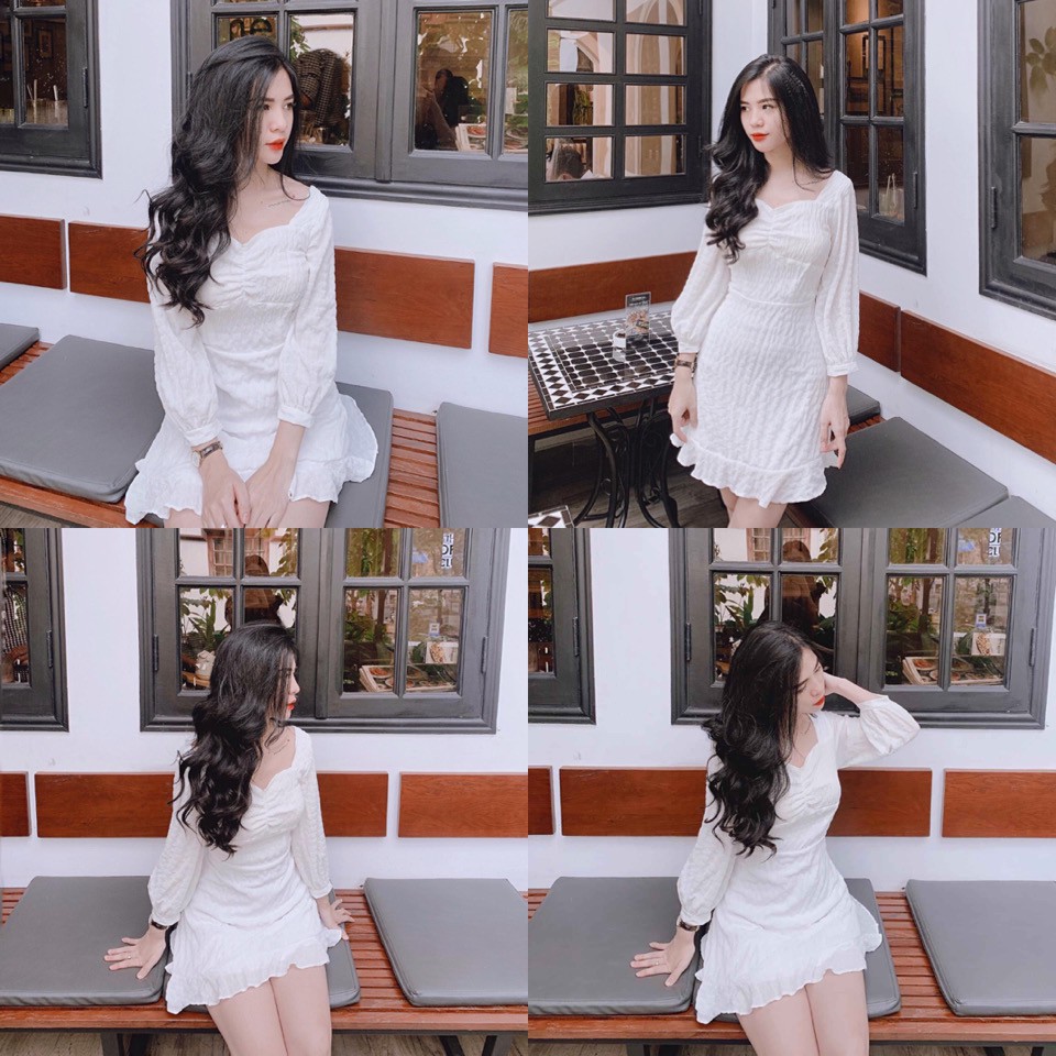 Đầm trắng xinh Lemarr dress tay dài from chuẩn vây cổ vuông kết hợp phần dúm ngực diêu xinh tay bồng