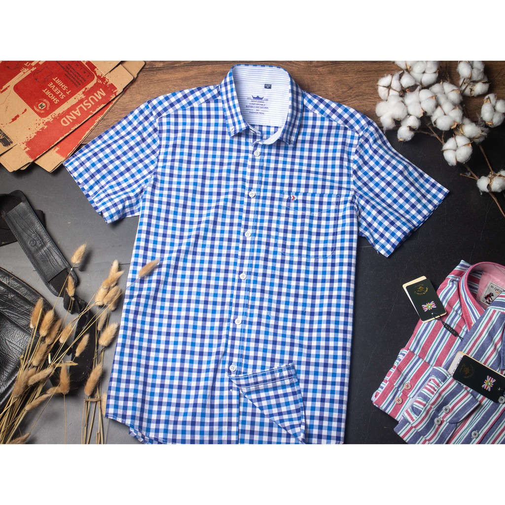 Sơ mi nam ngắn tay - kẻ caro - cotton 100% - chất mát - sơ mi nam cộc tay - thời trang công sở