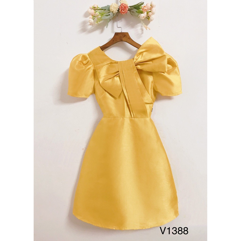 Đầm dạ hội vàng thắt nơ lệch dáng ngắn trẻ trung V1388 Mie Design kèm ảnh thật