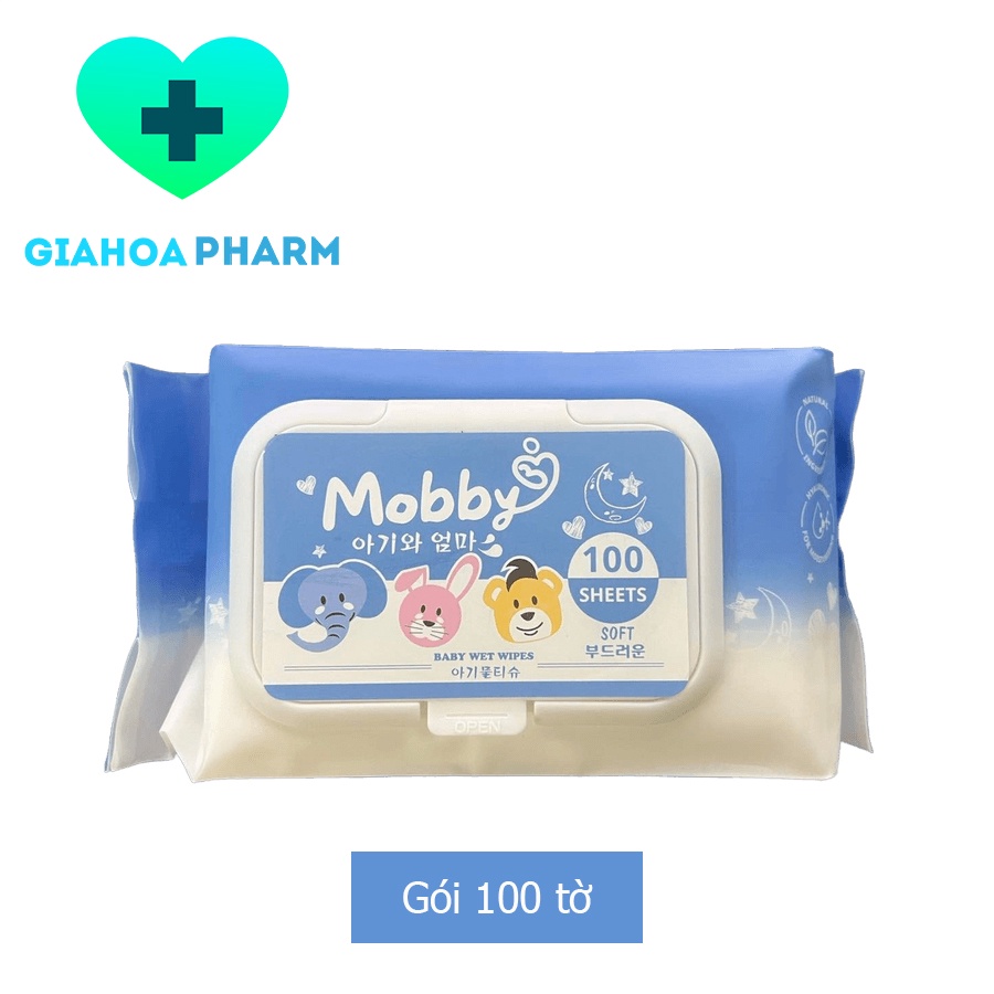 Khăn giấy ướt Mobby không mùi Gói 100 tờ - Công nghệ Hàn Quốc, vải dày, mềm, lau, vệ sinh không kích ứng, an toàn cho bé