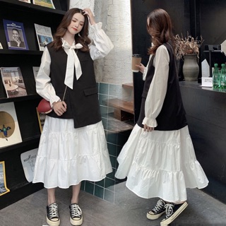 (Order 5-10days) Bigsize M-4XL Set rời: Áo vest gile - Đầm sơ mi babydoll cổ nơ dáng xoè dài