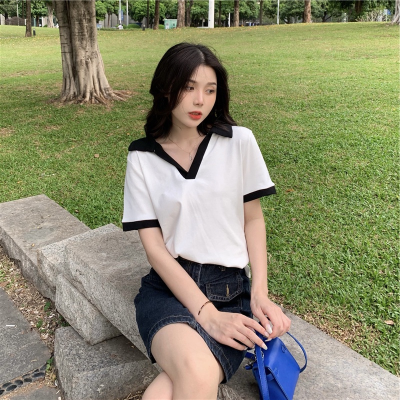 Áo thun IELGY tay ngắn cổ chữ v phối màu đơn giản thời trang năng động cho nữ
