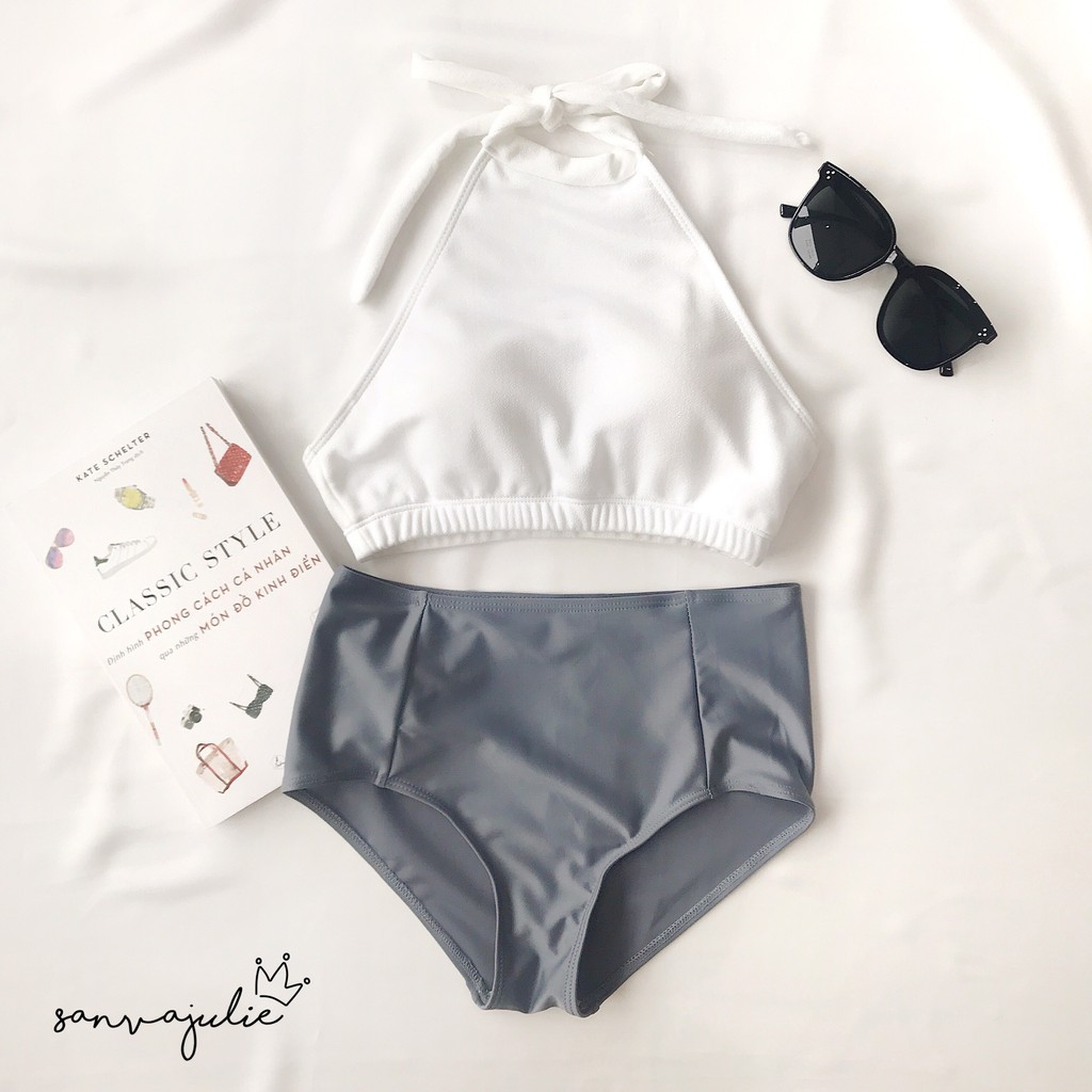 BIKINI Bộ đồ bơi nữ đi biển 2 mảnh áo cổ yếm trắng - quần cạp cao xám 05