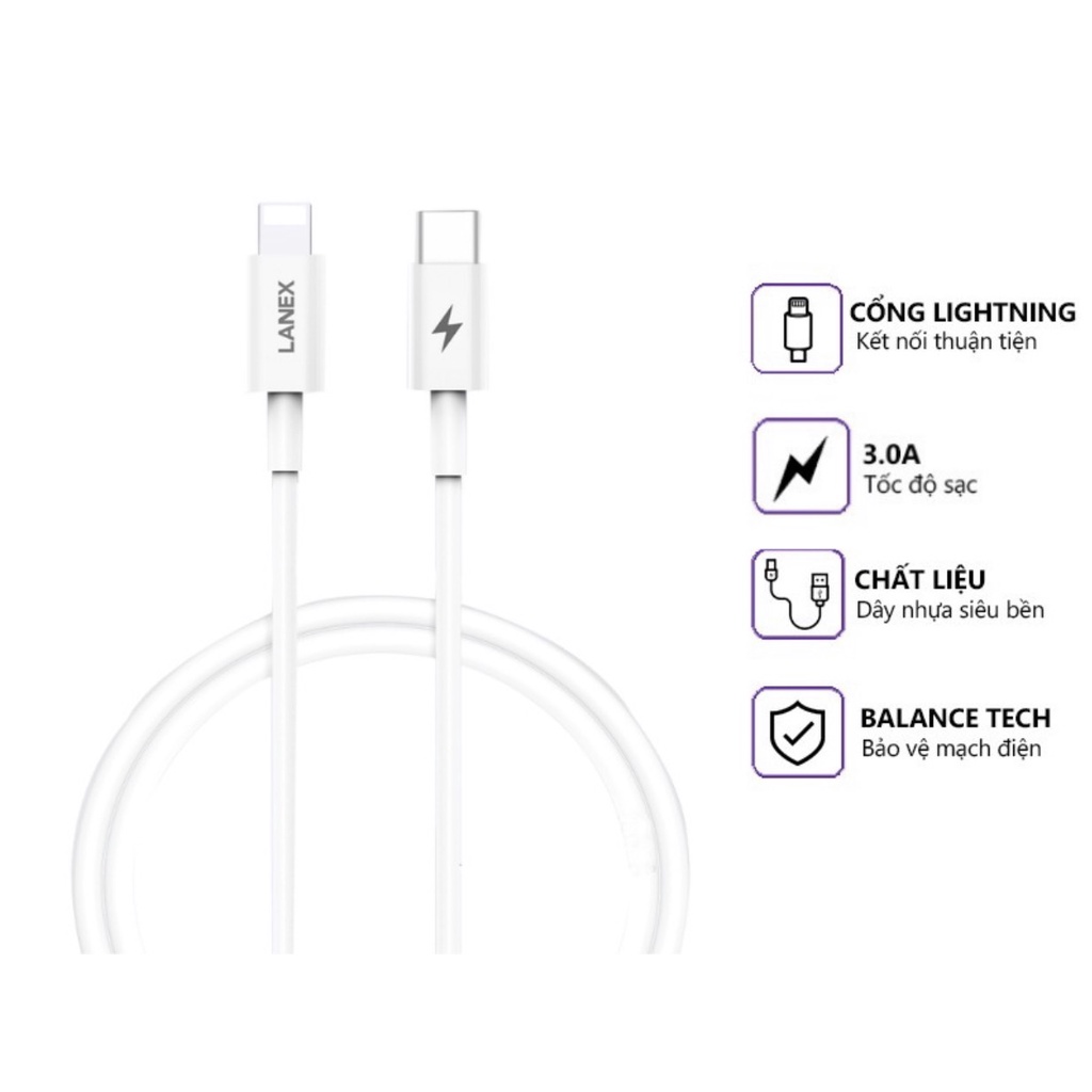 Cáp sạc nhanh Lingtning IP11,12,13 LANEX LS05CL 3.0A PD dài 1m