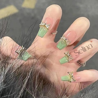 Móng tay giả đính nơ đầu móng xanh cốm, nailbox Selina 24 móng kèm keo