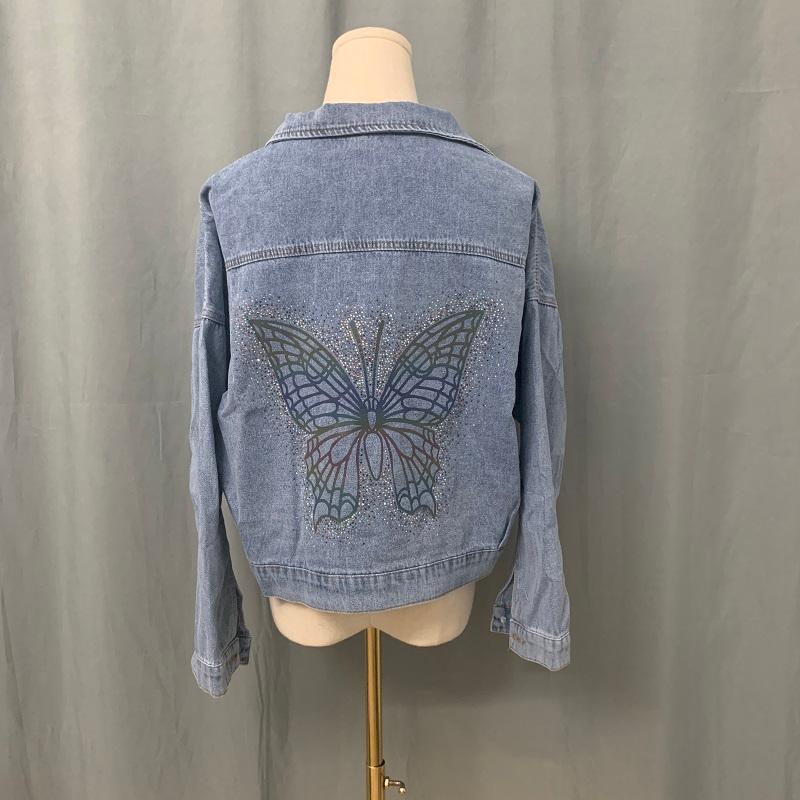 Korean Beauty Illuminate Butterfly Short Denim Jacket for Woman Casual Long Sleeved Loose Cropped Jeans Jacket Spring Autumn