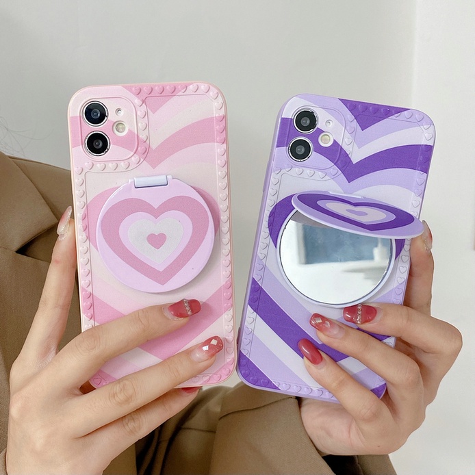 Casing Oppo A74 A95 A93 A94 A54 A16 A15 A15S A53 A33 A9 A5 2020 A52 A72 A92 A31 A1K A3S A5 A12E A83 A1 A59 A57 A39 F9 F11 F1S F3 Lite K3 Reno 6 5 4 F 4G 5G Reno6 Reno5 Reno4 Heart Border+Makeup Mirror Fine Hole Shockproof Soft Phone Back Case Cover WSD 05