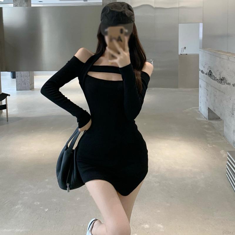Đầm mini ôm dáng tay dài hở vai màu trơn cổ yếm hở vai thiết kế rỗng phong cách Hàn Quốc cho nữ