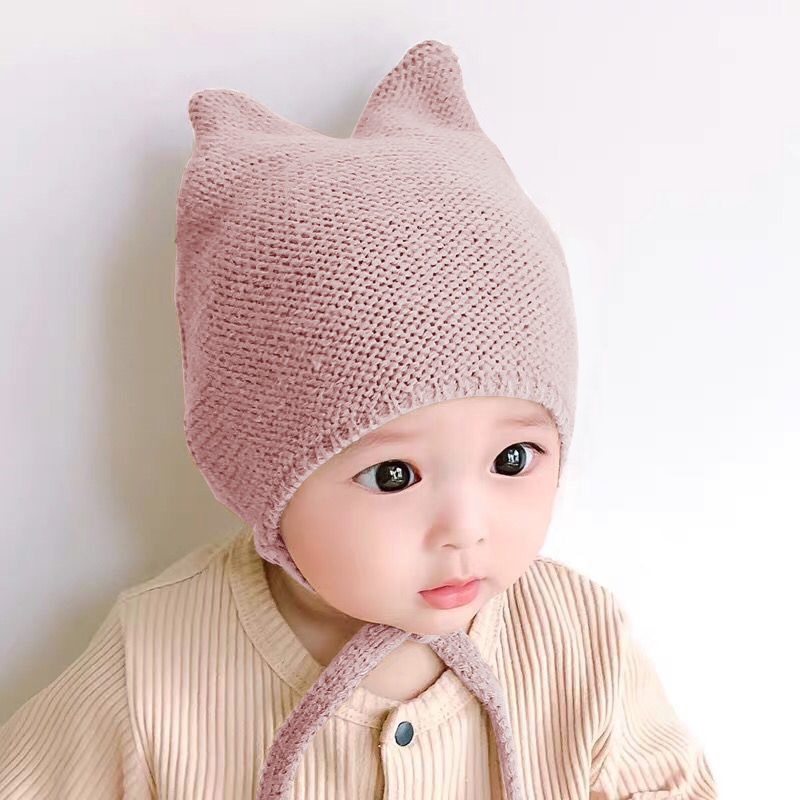 Mũ beanie dệt kim màu trơn có tai dễ thương giữ ấm chống gió mùa thu đông cho bé
