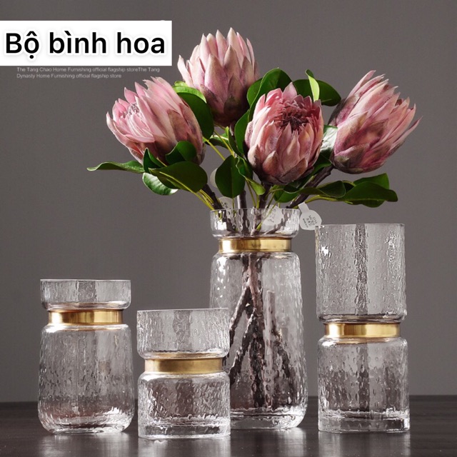 Bộ bình hoa viền vàng, lọ hoa phong cách hiện đại, trang trí nhà cửa