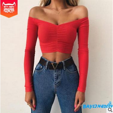 Áo thun crop top lệch vai tay dài giản dị ôm dáng cho nữ | BigBuy360 - bigbuy360.vn