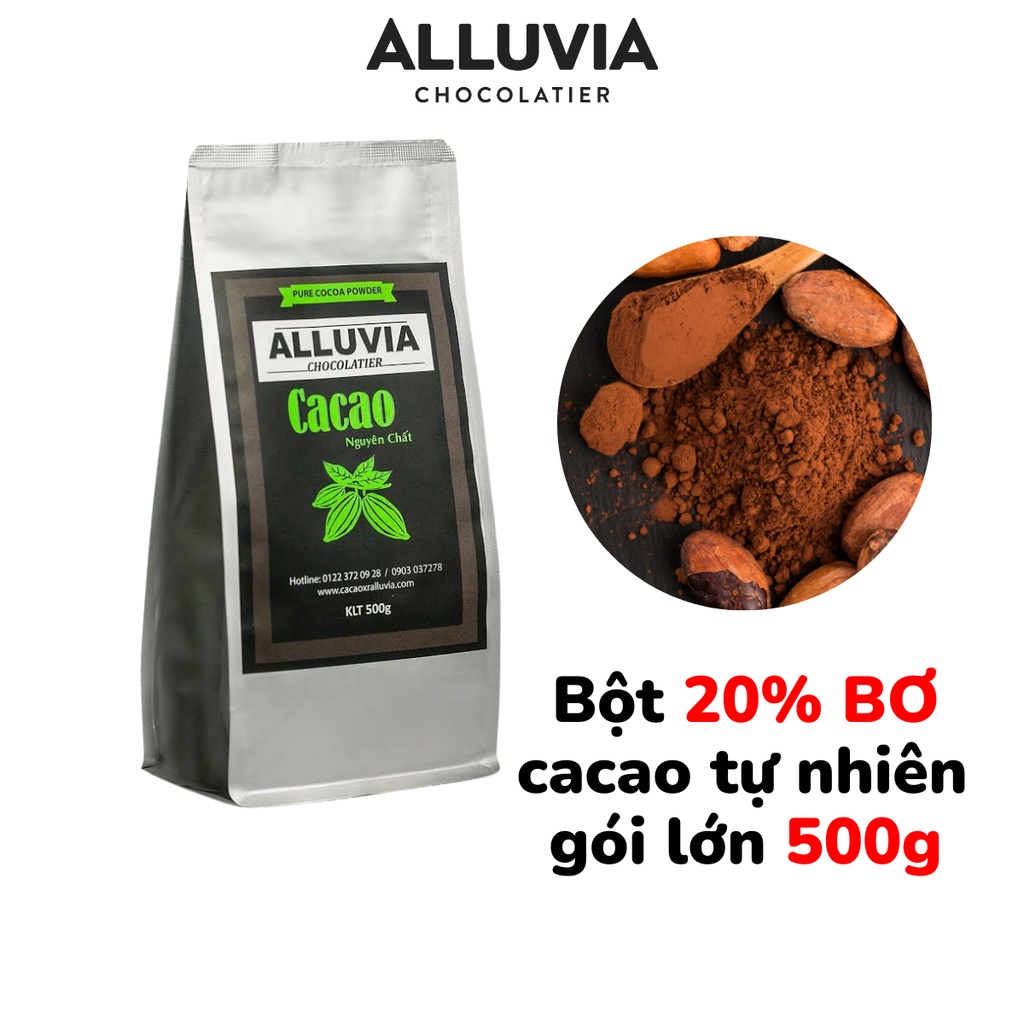 Bột ca cao nguyên chất không đường 100% Alluvia gói lớn 500 gram Dòng thượng hạng 20% bơ cacao tự nhiên