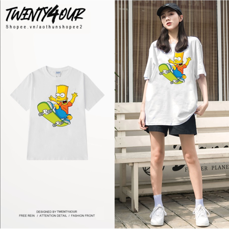 Áo Phông Tay Lỡ Bart Simpson Trượt Ván Hoạt Hình Gia Đình Simpson Unisex Form Rộng 100% Cotton