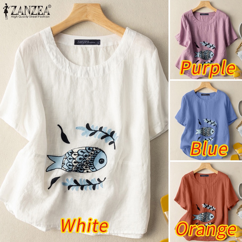 Áo kiểu nữ ZANZEA cổ tròn tay ngắn thêu hoa phong cách vintage