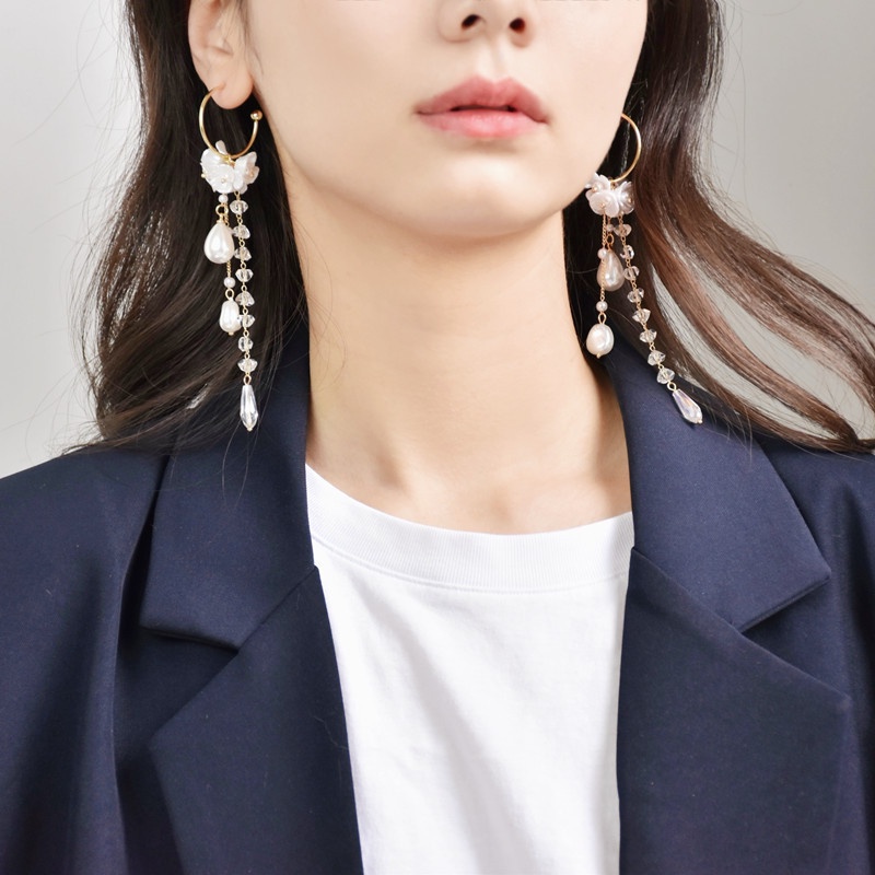 Khuyên Tai Tua Rua Đính Đá Zircon Ngọc Trai Thiết Kế Thời Trang Mới Cho Nữ