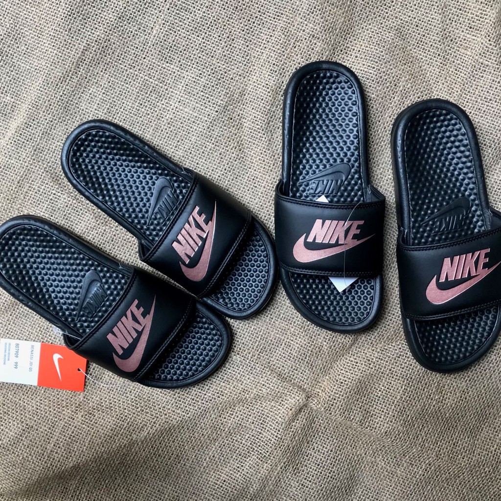 (freeship tặng hộp) dép nike- quai ngang màu đen chữ Hồng Cam nam nữ