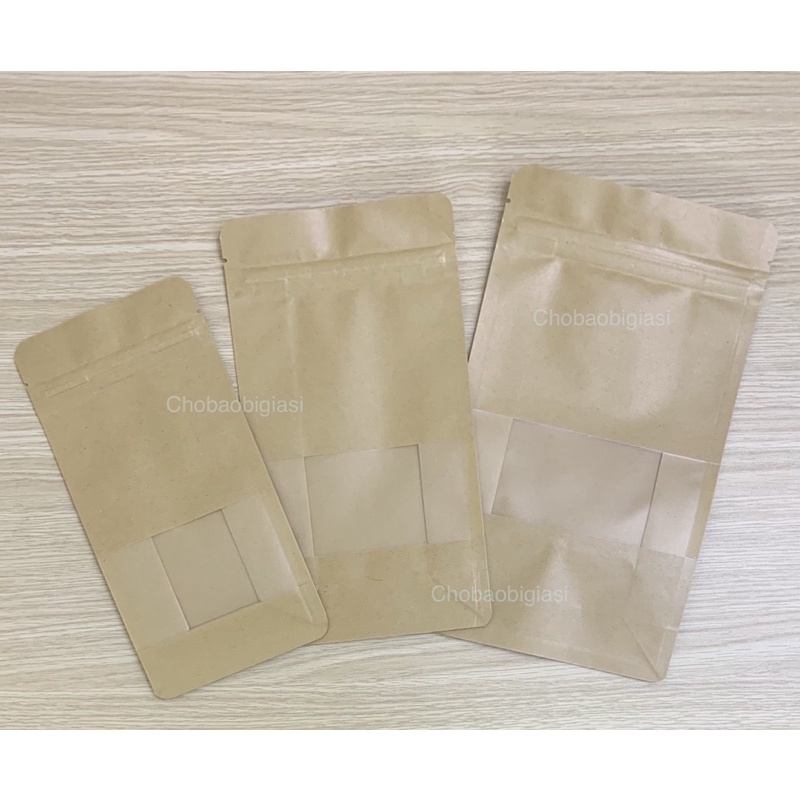 {1kg/ size} Túi zipper giấy Kraft Vàng 8 CẠNH đáy đứng cửa sổ tràn CÁN MÀNG-CHỐNG THẤM NƯỚC (có sẵn 6 size - sp y hình)