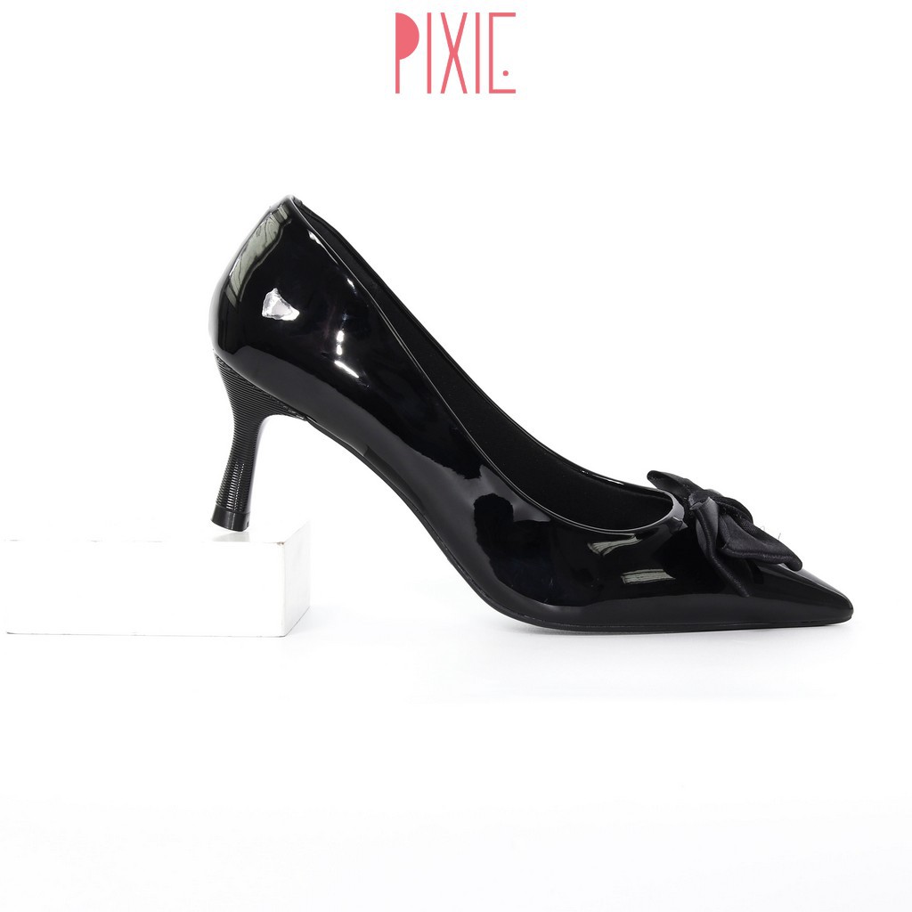 Giày Cao Gót 5cm Đế Nhọn Da Bóng Nơ Vải Pixie X567