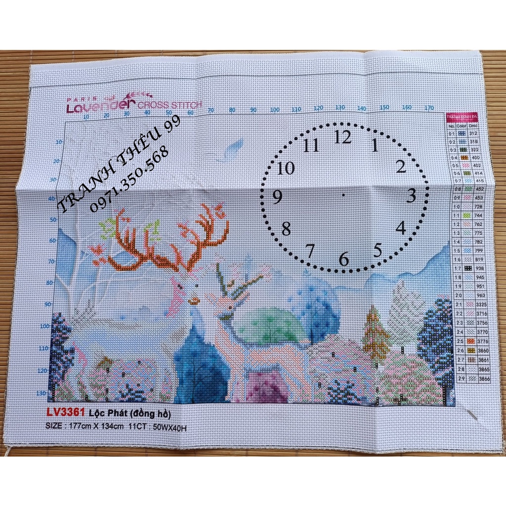 Tranh thêu chữ thập đồng hồ Hươu tài lộc LV3361-50x40cm