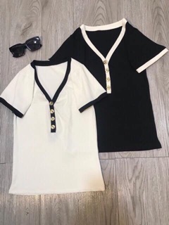 Áo cộc len gân cổ tim cúc đồng