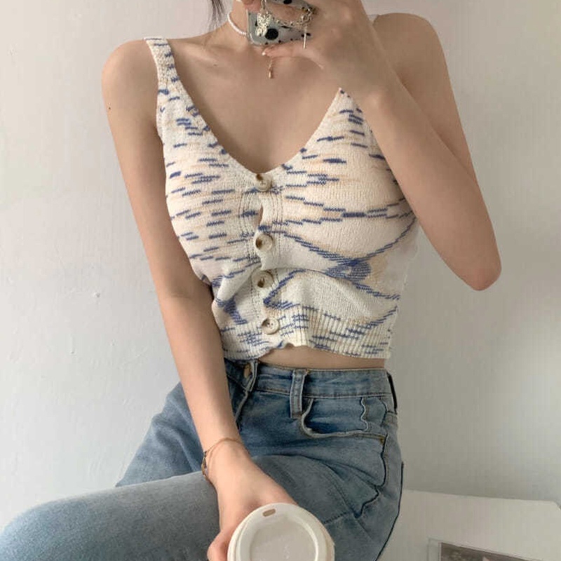 Áo Croptop Dệt Kim Không Tay Cổ Chữ V Họa Tiết Kẻ Sọc Nhiều Màu Sắc Phong Cách Vintage