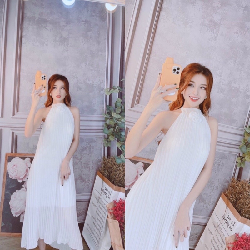 Đầm maxi dập ly cổ yếm hở lưng, có mút ngực, đầm đi biển, bầu bí bon chen được + ảnh thật | BigBuy360 - bigbuy360.vn