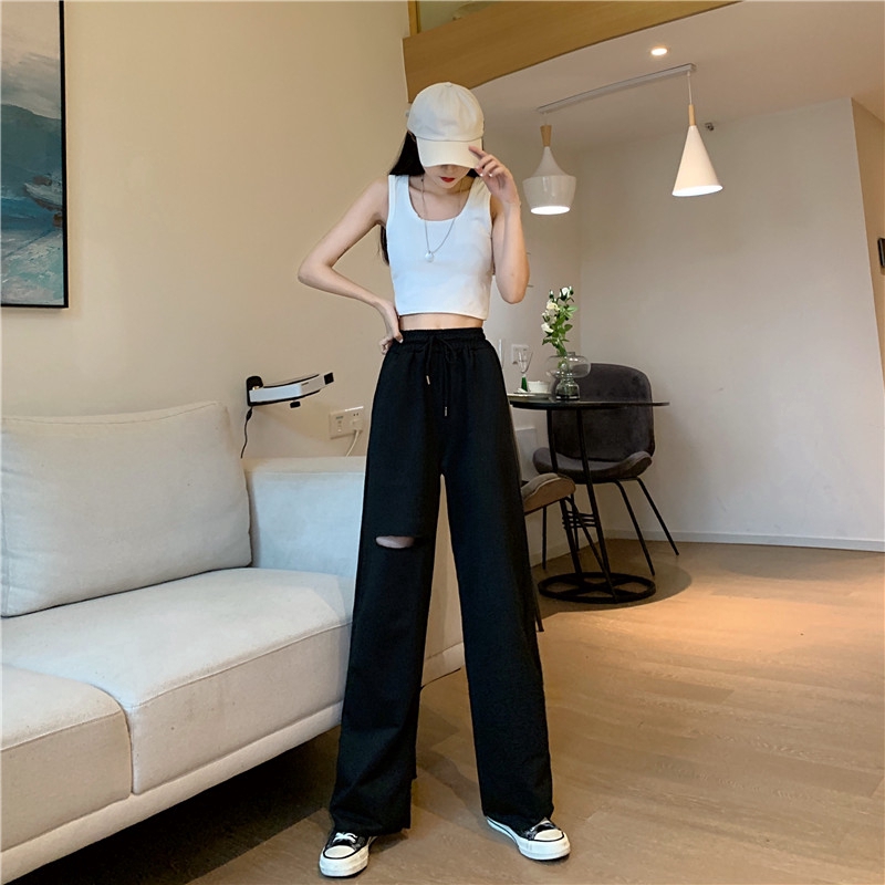 Quần dài SUXI dây rút ống rộng màu trơn phong cách Hàn Quốc cá tính cho nữ