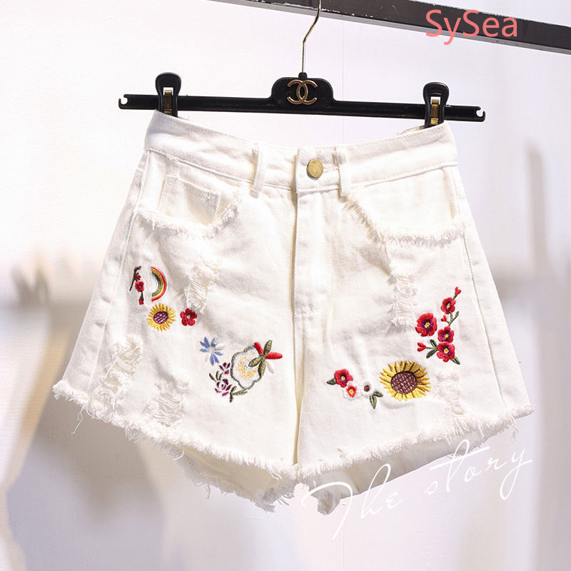 Quần Short Denim Lưng Cao Hoạ Tiết Thêu Có Size Lớn