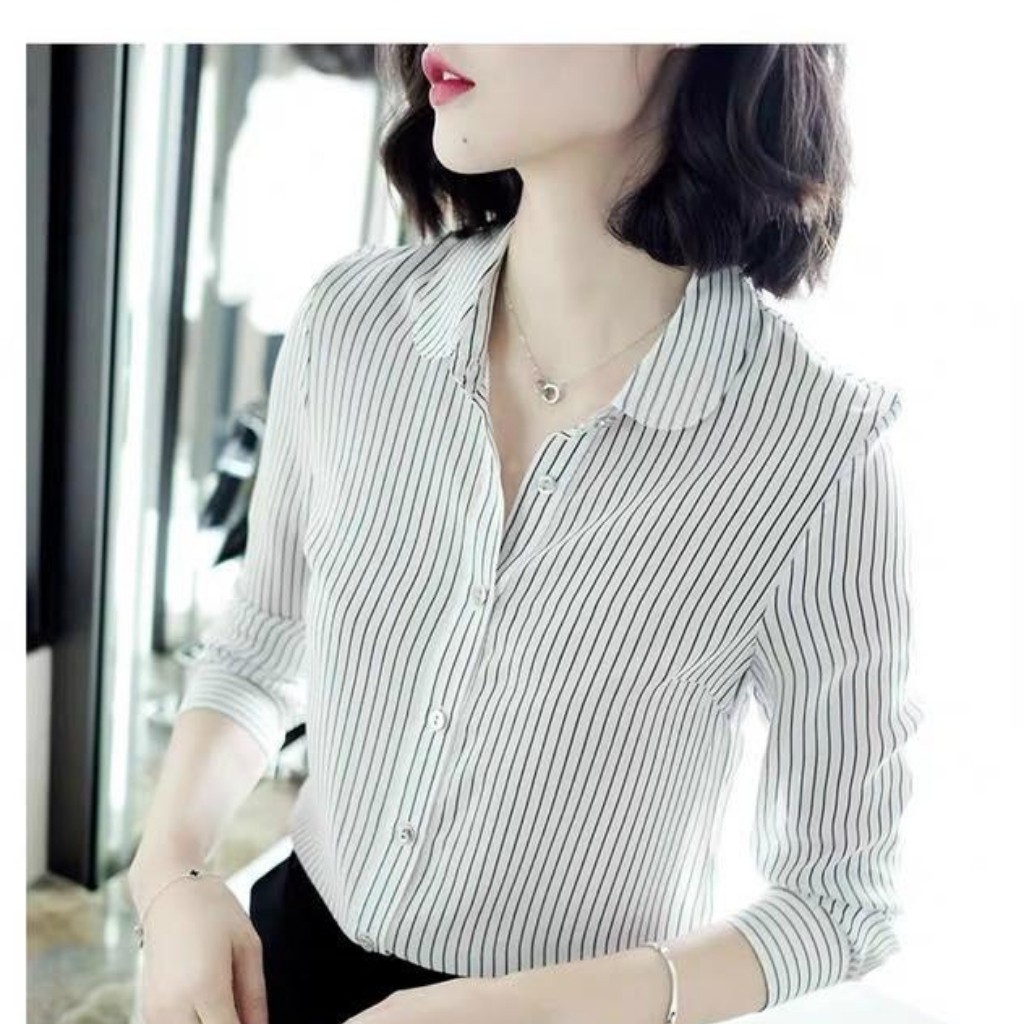 Áo Sơ Mi Nữ Dài Tay Kẻ Sọc Phối Cổ Trắng EMEREY LUXURY Chất Vải Kate Đẹp Thời Trang Nữ Cao Cấp